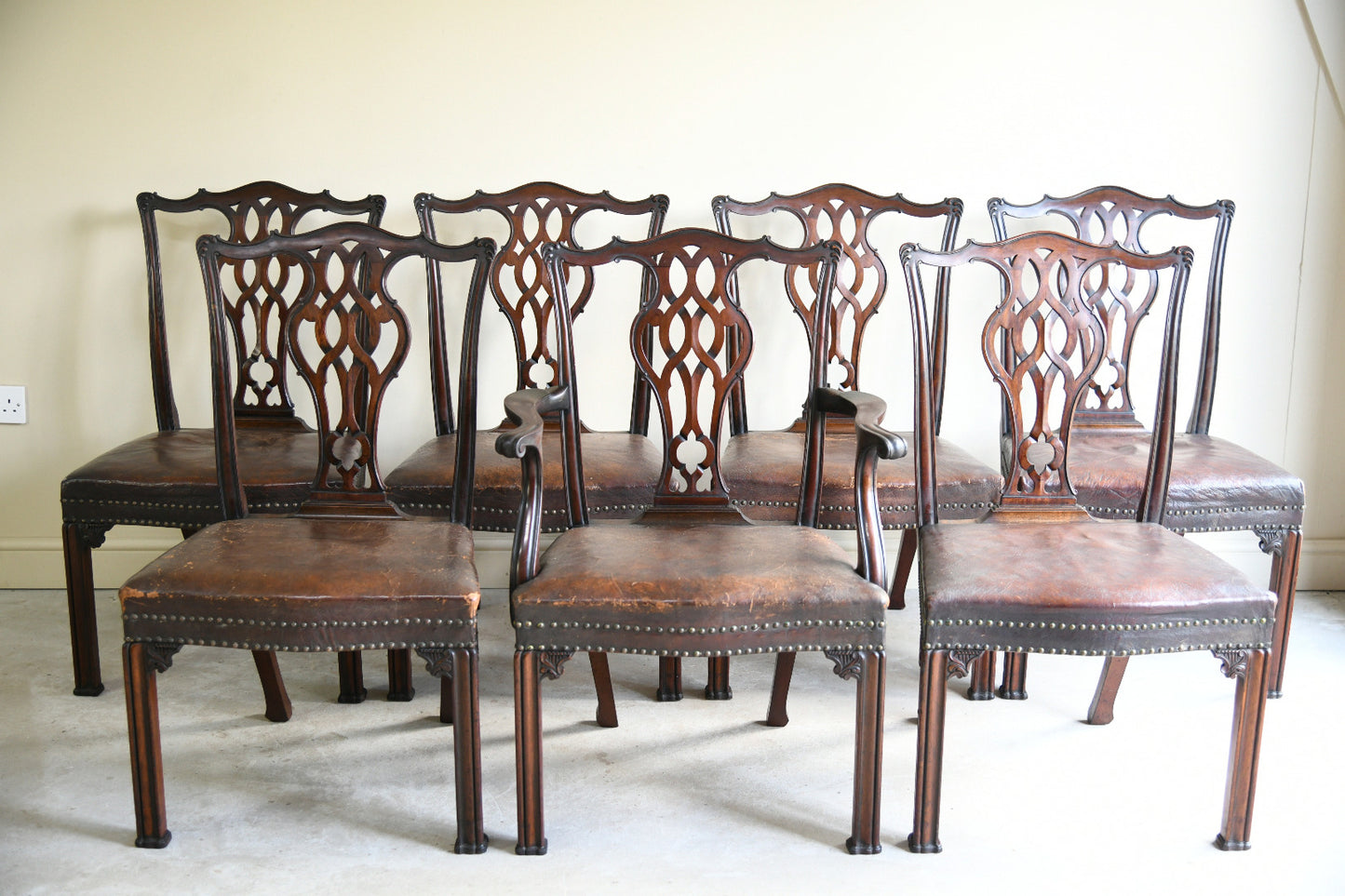 Set of 6 + 1 Victorian Mahogany Chippendale Style Dining Chairs
