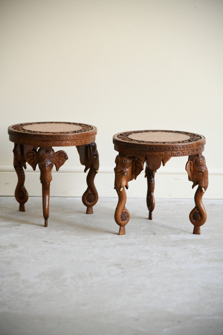 Pair Anglo Indian Carved Elephant Occasional Tables