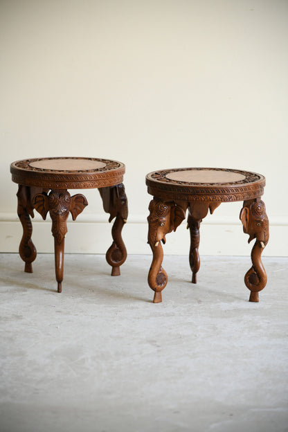 Pair Anglo Indian Carved Elephant Occasional Tables