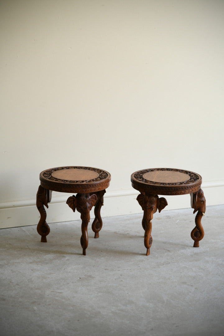 Pair Anglo Indian Carved Elephant Occasional Tables
