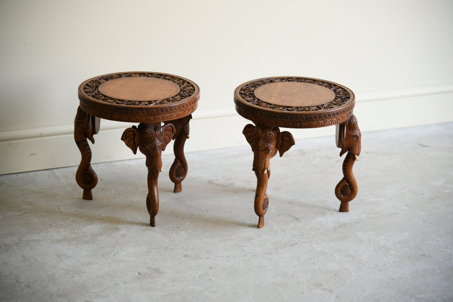 Pair Anglo Indian Carved Elephant Occasional Tables