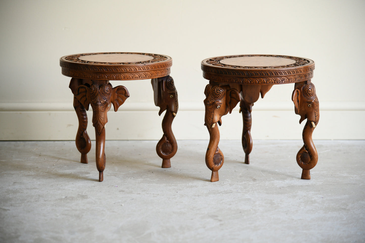 Pair Anglo Indian Carved Elephant Occasional Tables