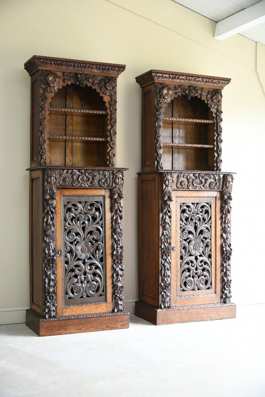 Pair Antique 19th Century Carved Oak Cabinet Bookcases