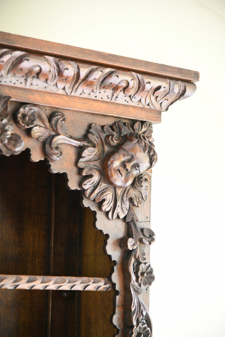 Pair Antique 19th Century Carved Oak Cabinet Bookcases