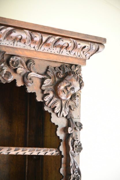 Pair Antique 19th Century Carved Oak Cabinet Bookcases