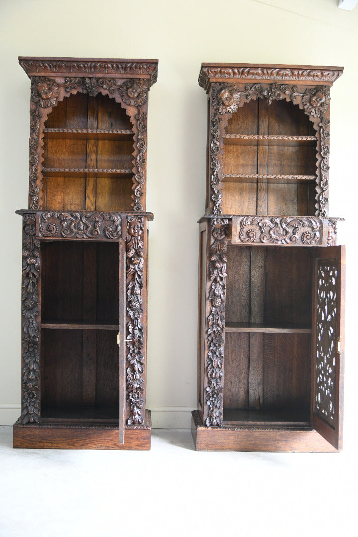 Pair Antique 19th Century Carved Oak Cabinet Bookcases