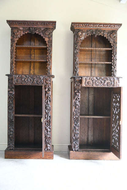 Pair Antique 19th Century Carved Oak Cabinet Bookcases