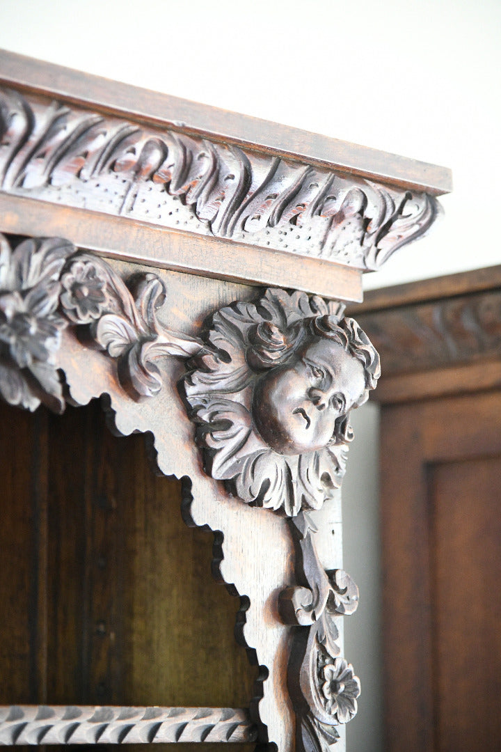 Pair Antique 19th Century Carved Oak Cabinet Bookcases