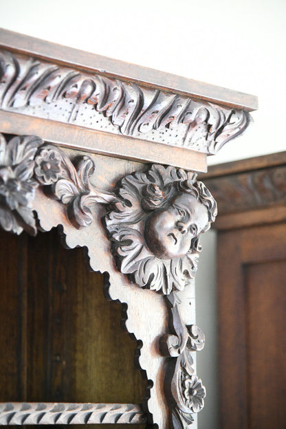 Pair Antique 19th Century Carved Oak Cabinet Bookcases