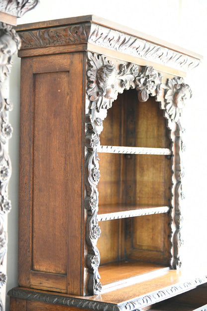 Pair Antique 19th Century Carved Oak Cabinet Bookcases