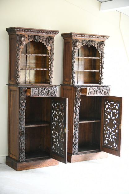 Pair Antique 19th Century Carved Oak Cabinet Bookcases