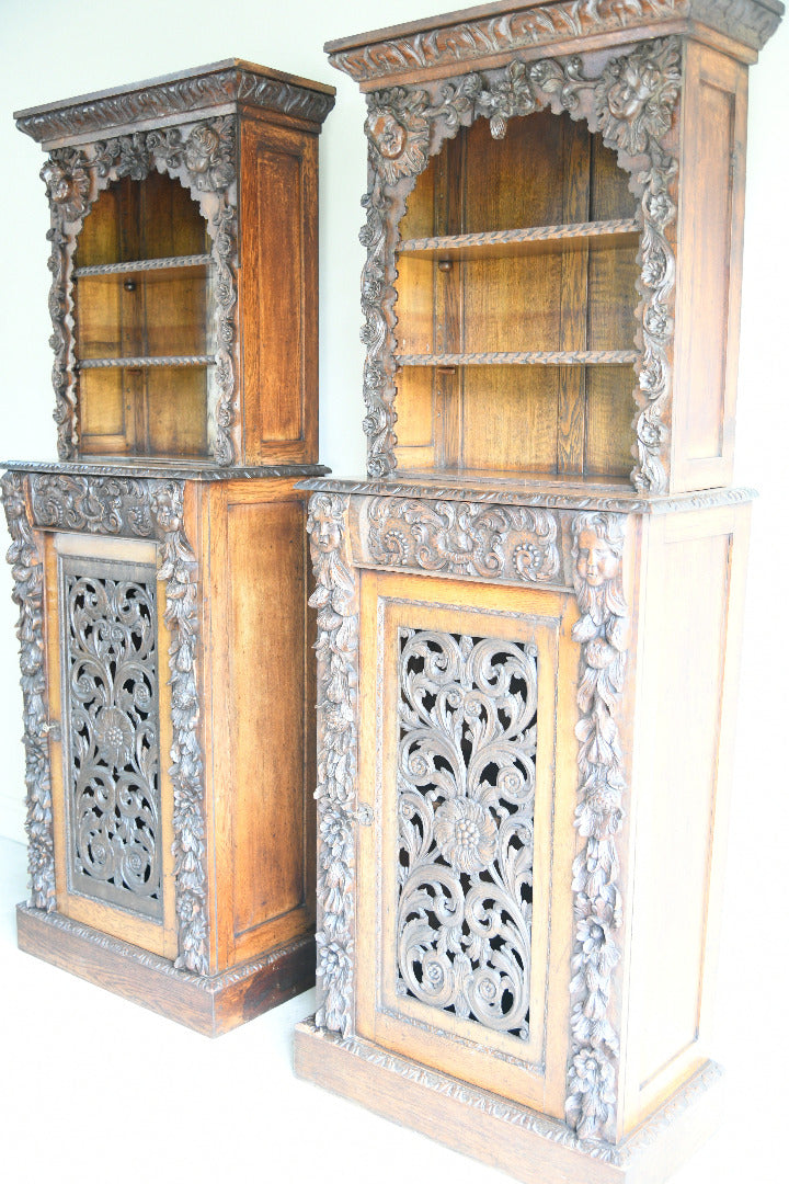 Pair Antique 19th Century Carved Oak Cabinet Bookcases
