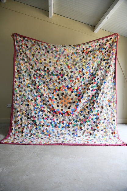 Vintage Hand Pieced Hexagon Patchwork Quilt