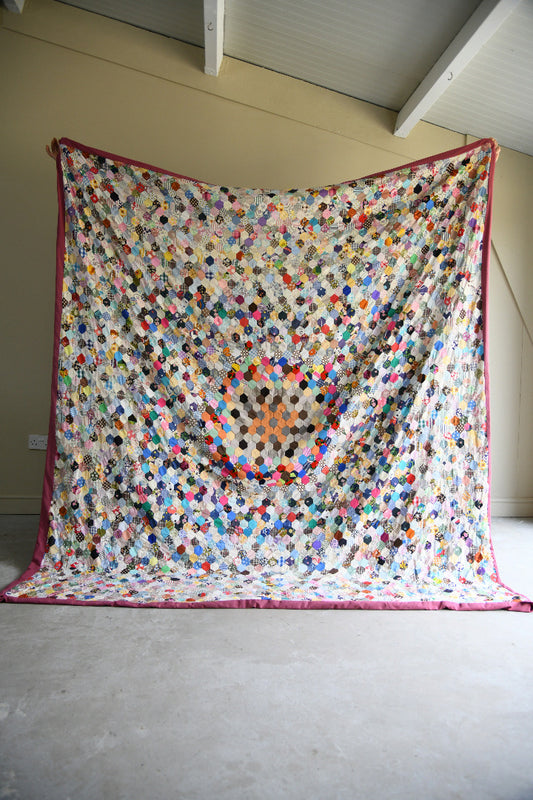 Vintage Hand Pieced Hexagon Patchwork Quilt