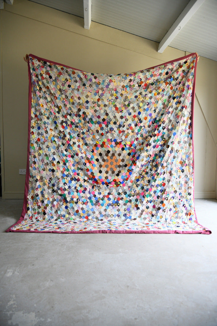 Vintage Hand Pieced Hexagon Patchwork Quilt