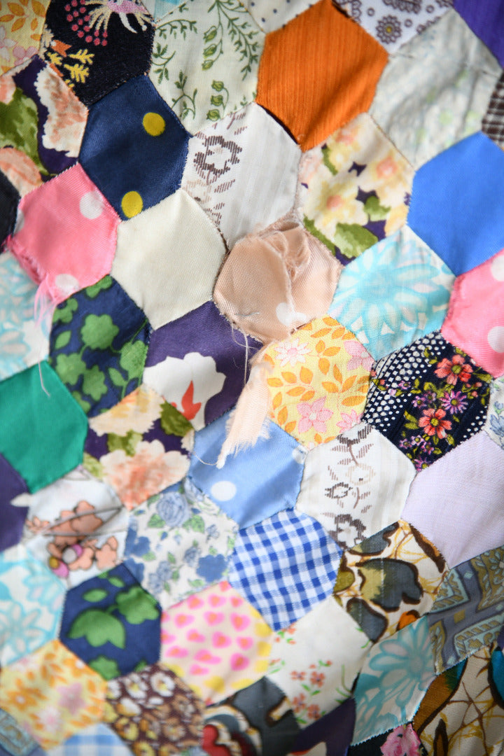 Vintage Hand Pieced Hexagon Patchwork Quilt