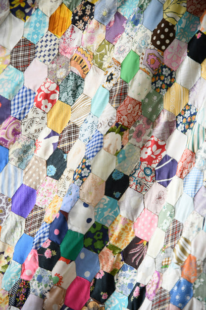Vintage Hand Pieced Hexagon Patchwork Quilt