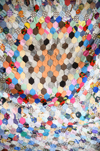 Vintage Hand Pieced Hexagon Patchwork Quilt