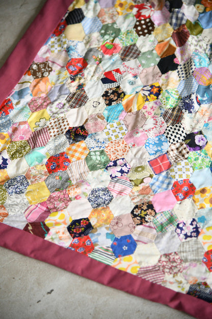 Vintage Hand Pieced Hexagon Patchwork Quilt
