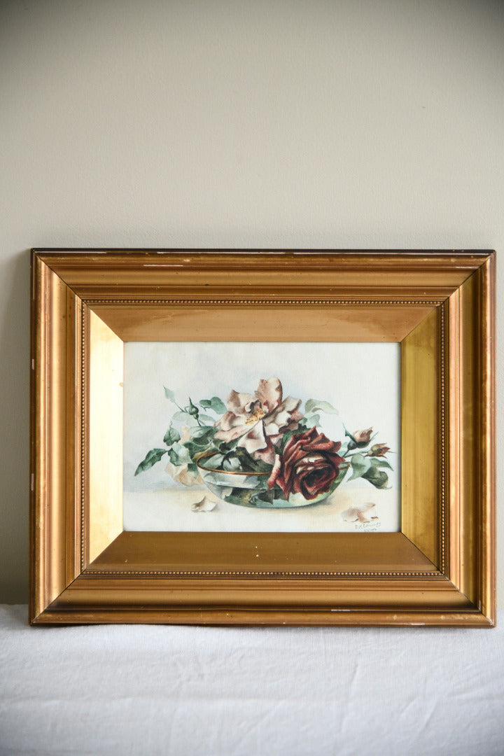 B.H Edmonds Watercolour Roses in Gilt Frame 1914