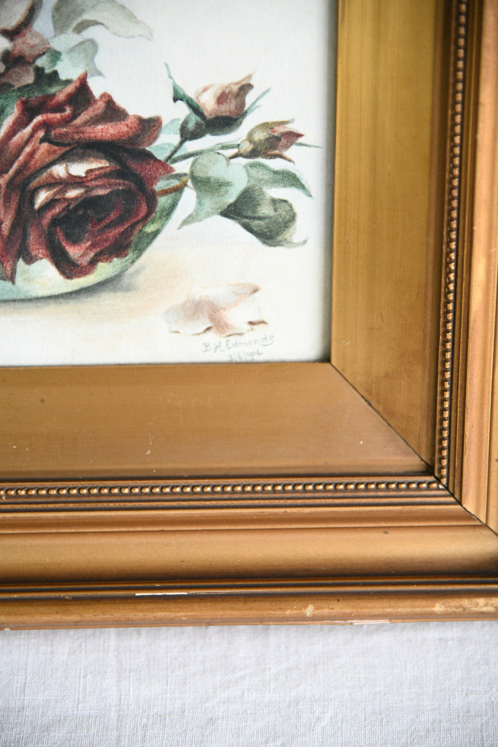 B.H Edmonds Watercolour Roses in Gilt Frame 1914