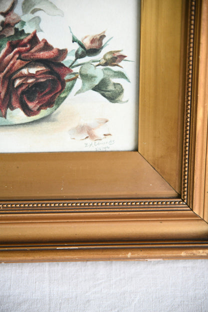 B.H Edmonds Watercolour Roses in Gilt Frame 1914