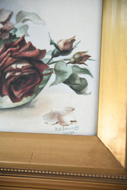 B.H Edmonds Watercolour Roses in Gilt Frame 1914