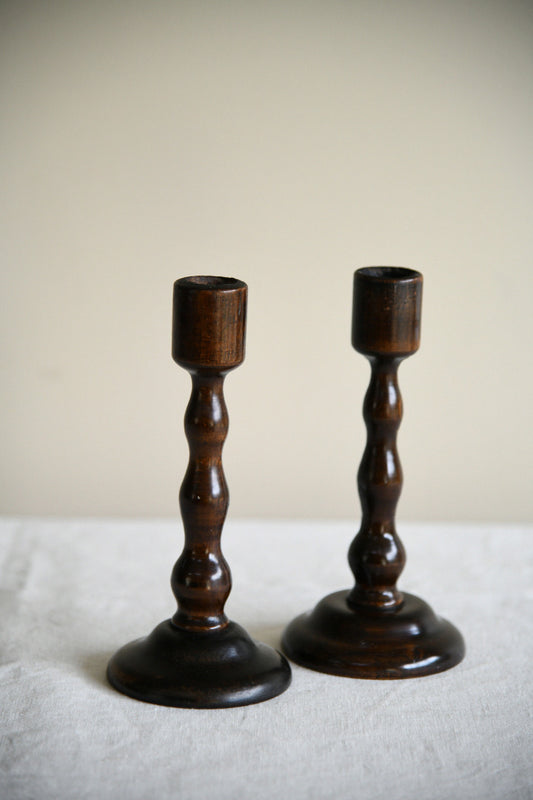 Pair of Vintage Stained Beech Candlesticks