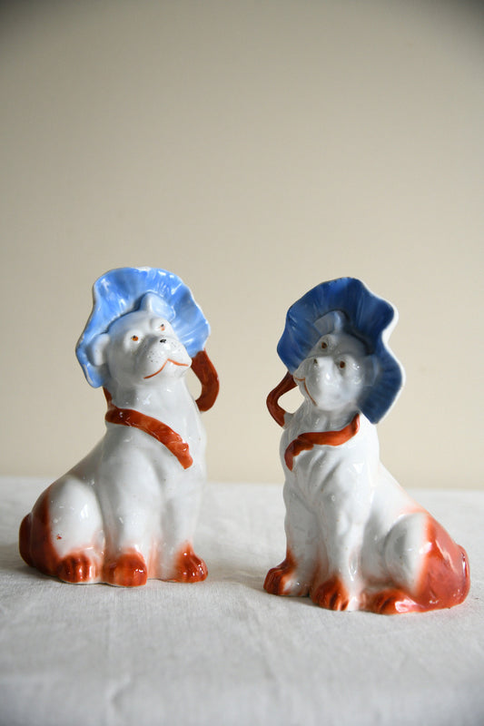 Pair of Vintage Porcelain Dog Figurines in Blue Bonnets