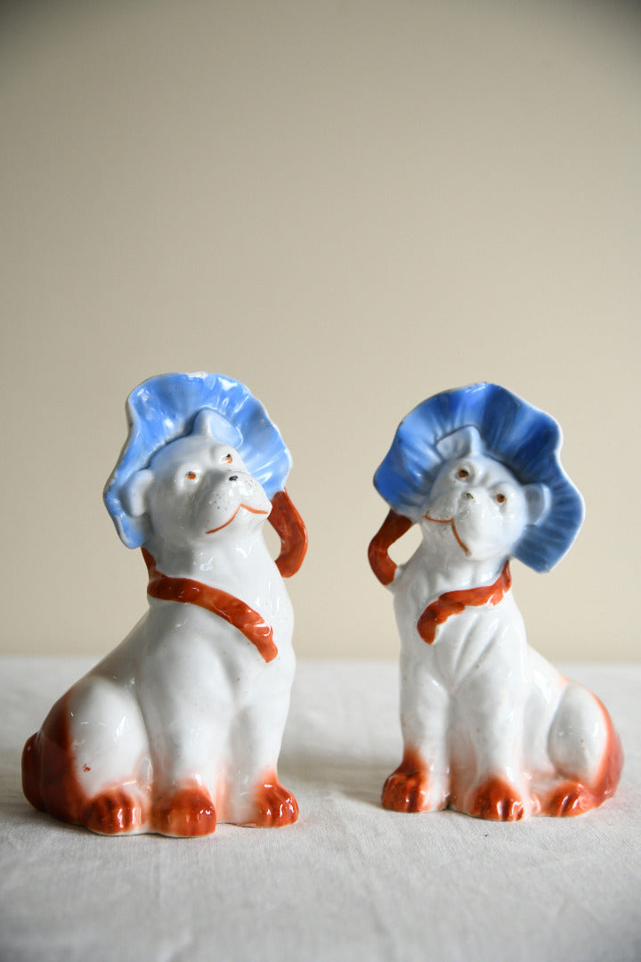 Pair of Vintage Porcelain Dog Figurines in Blue Bonnets