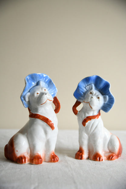 Pair of Vintage Porcelain Dog Figurines in Blue Bonnets