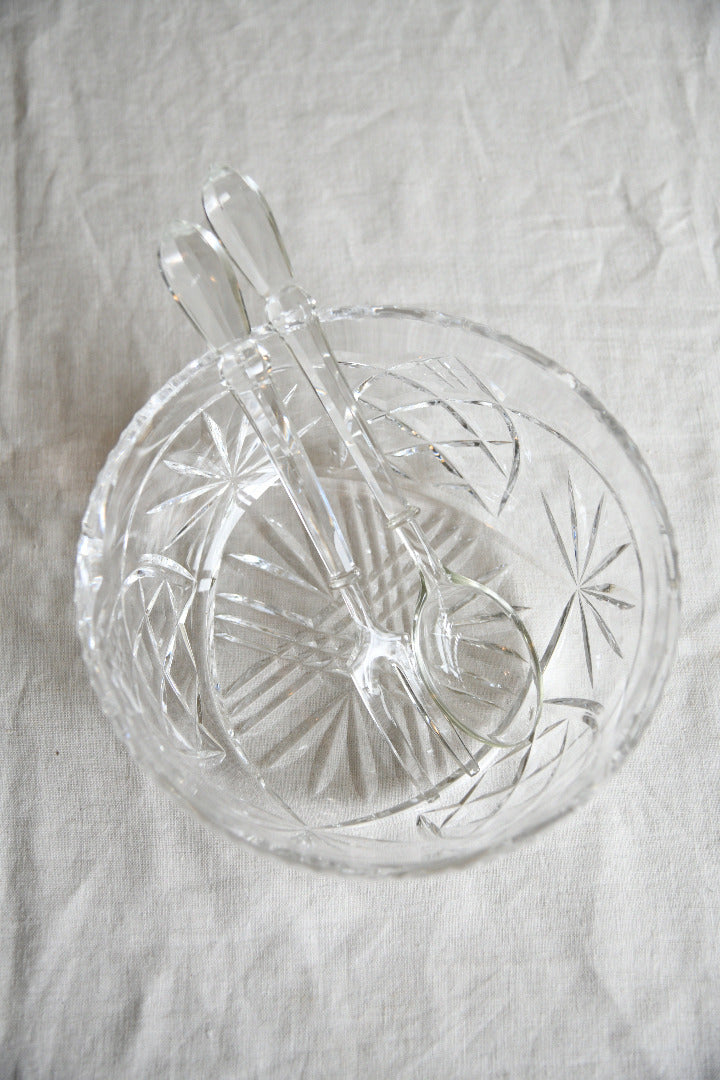 Vintage Cut Glass Serving Bowl & Glass Salad Servers