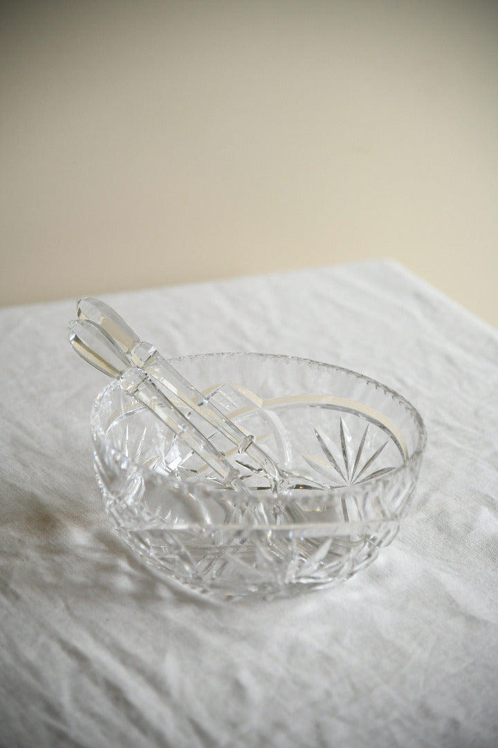 Vintage Cut Glass Serving Bowl & Glass Salad Servers