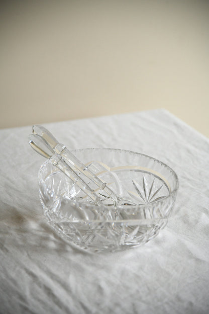 Vintage Cut Glass Serving Bowl & Glass Salad Servers