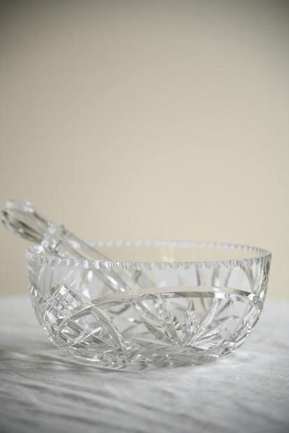 Vintage Cut Glass Serving Bowl & Glass Salad Servers