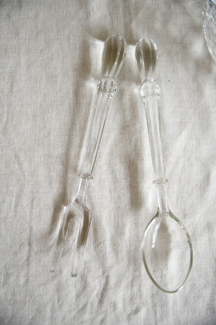 Vintage Cut Glass Serving Bowl & Glass Salad Servers