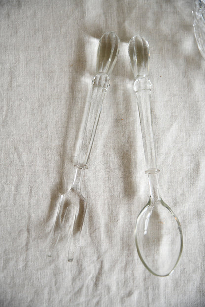 Vintage Cut Glass Serving Bowl & Glass Salad Servers