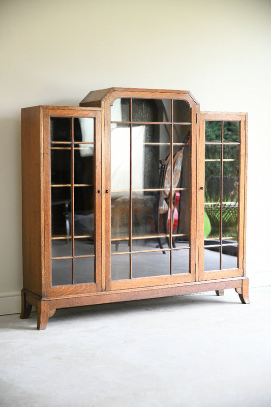 1930s Oak Leaded Glass Display Cabinet Bookcase