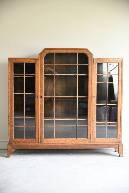 1930s Oak Leaded Glass Display Cabinet Bookcase