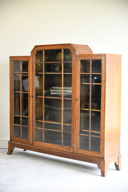 1930s Oak Leaded Glass Display Cabinet Bookcase