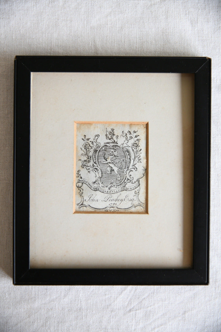 Framed 18th Century Armorial Bookplate of John Peachey Esq