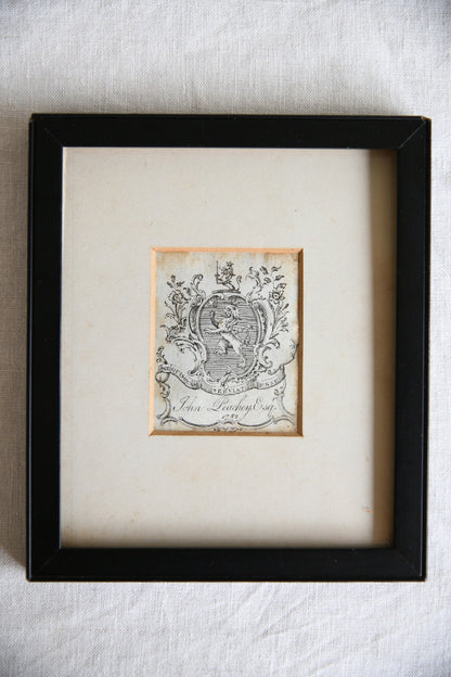 Framed 18th Century Armorial Bookplate of John Peachey Esq