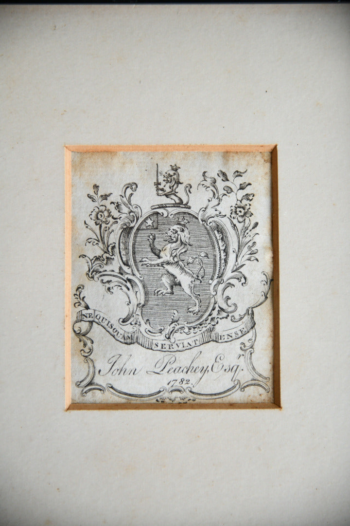Framed 18th Century Armorial Bookplate of John Peachey Esq