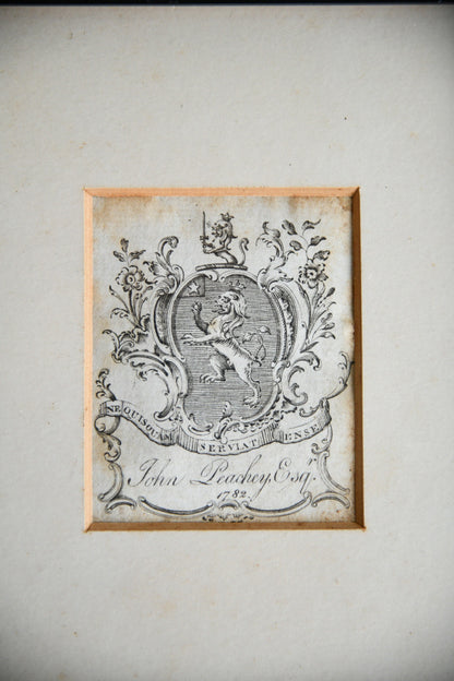 Framed 18th Century Armorial Bookplate of John Peachey Esq
