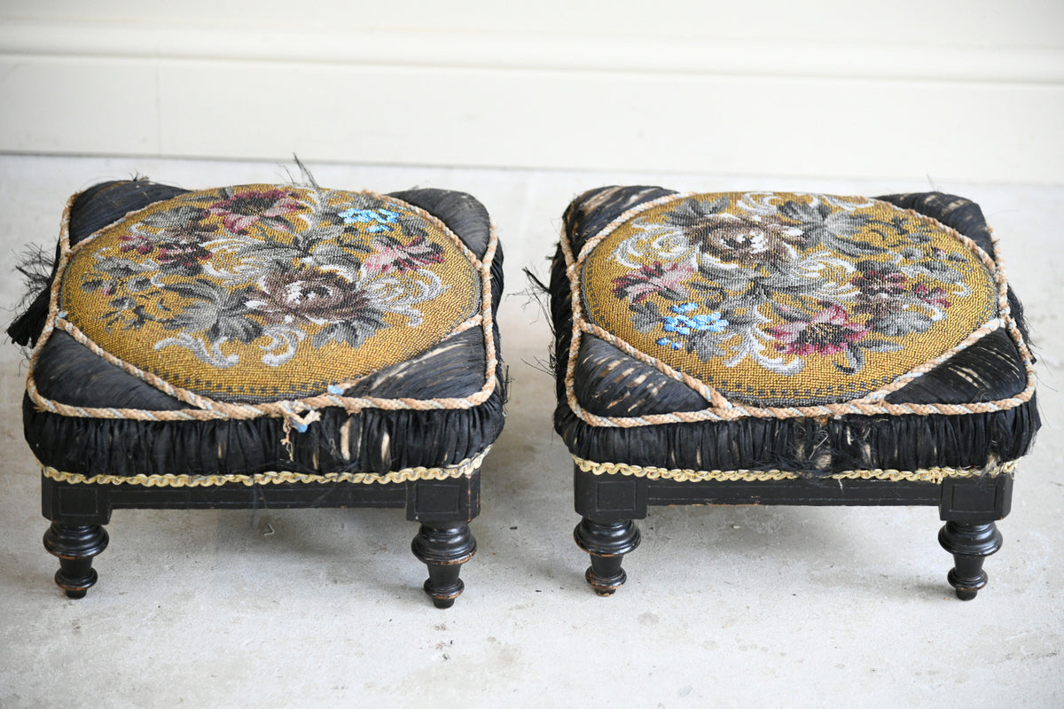 Pair of Victorian Beadwork & Silk Footstools