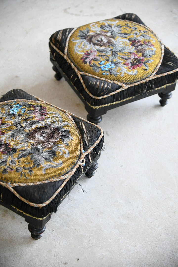 Pair of Victorian Beadwork & Silk Footstools