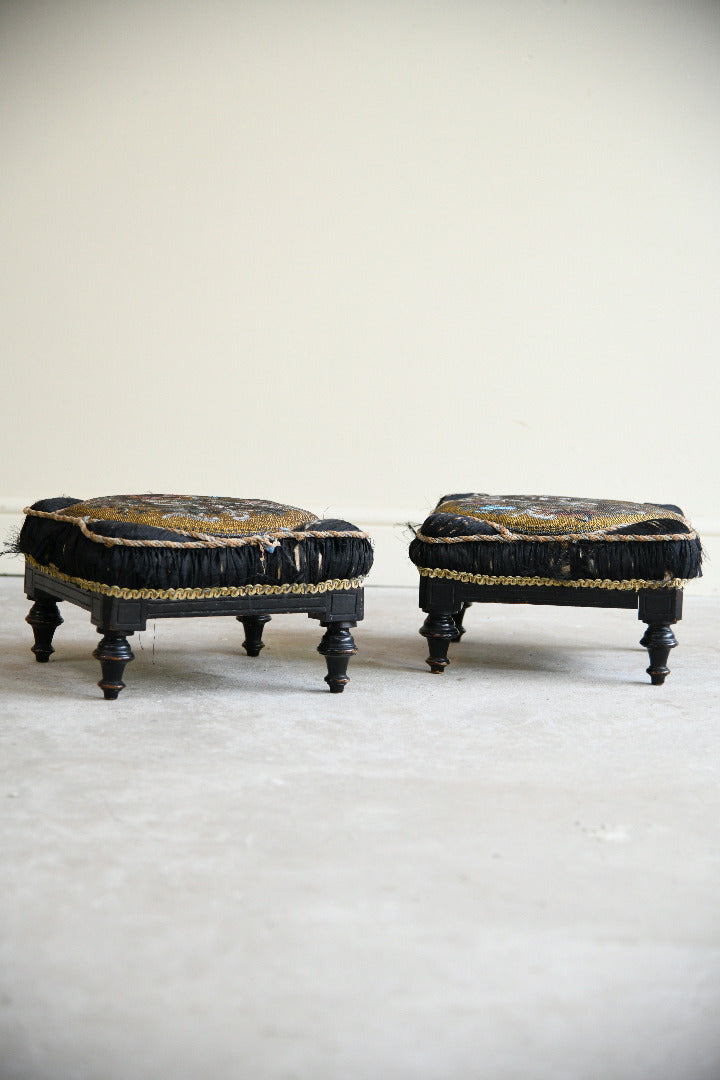 Pair of Victorian Beadwork & Silk Footstools