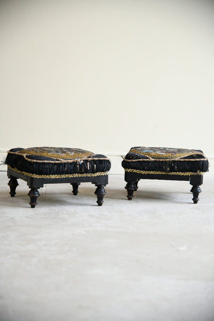 Pair of Victorian Beadwork & Silk Footstools