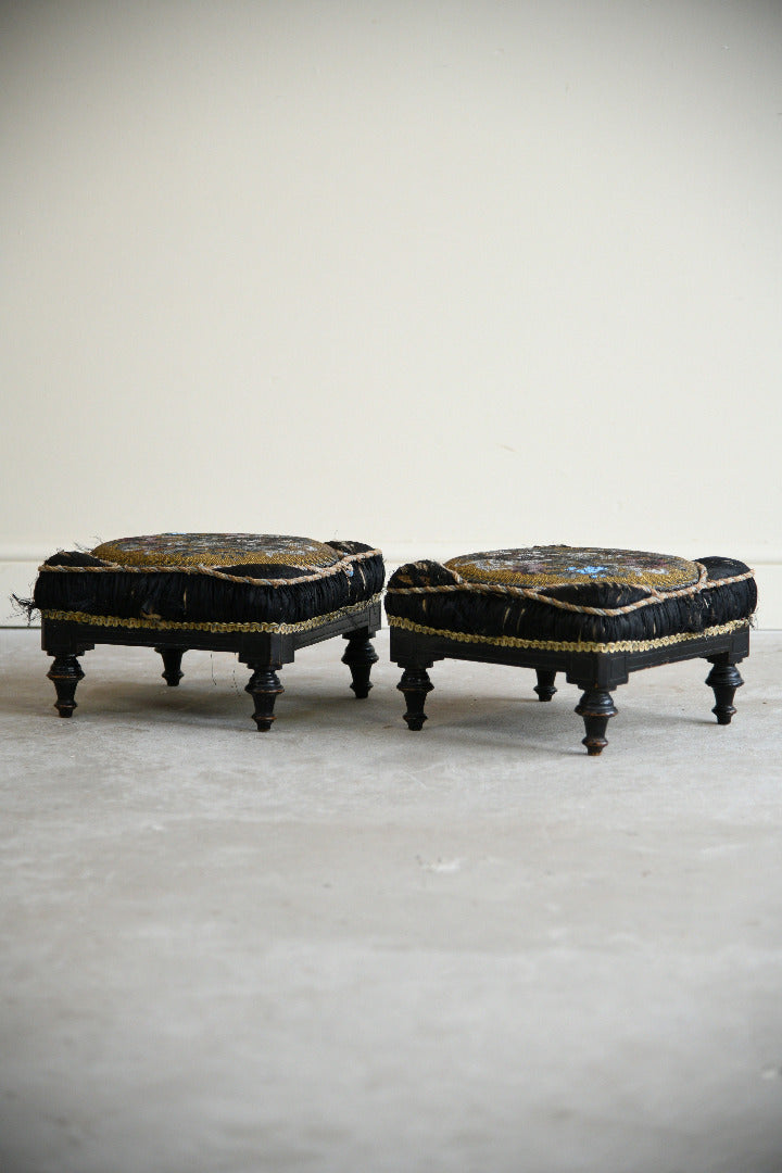 Pair of Victorian Beadwork & Silk Footstools