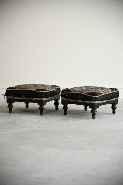 Pair of Victorian Beadwork & Silk Footstools